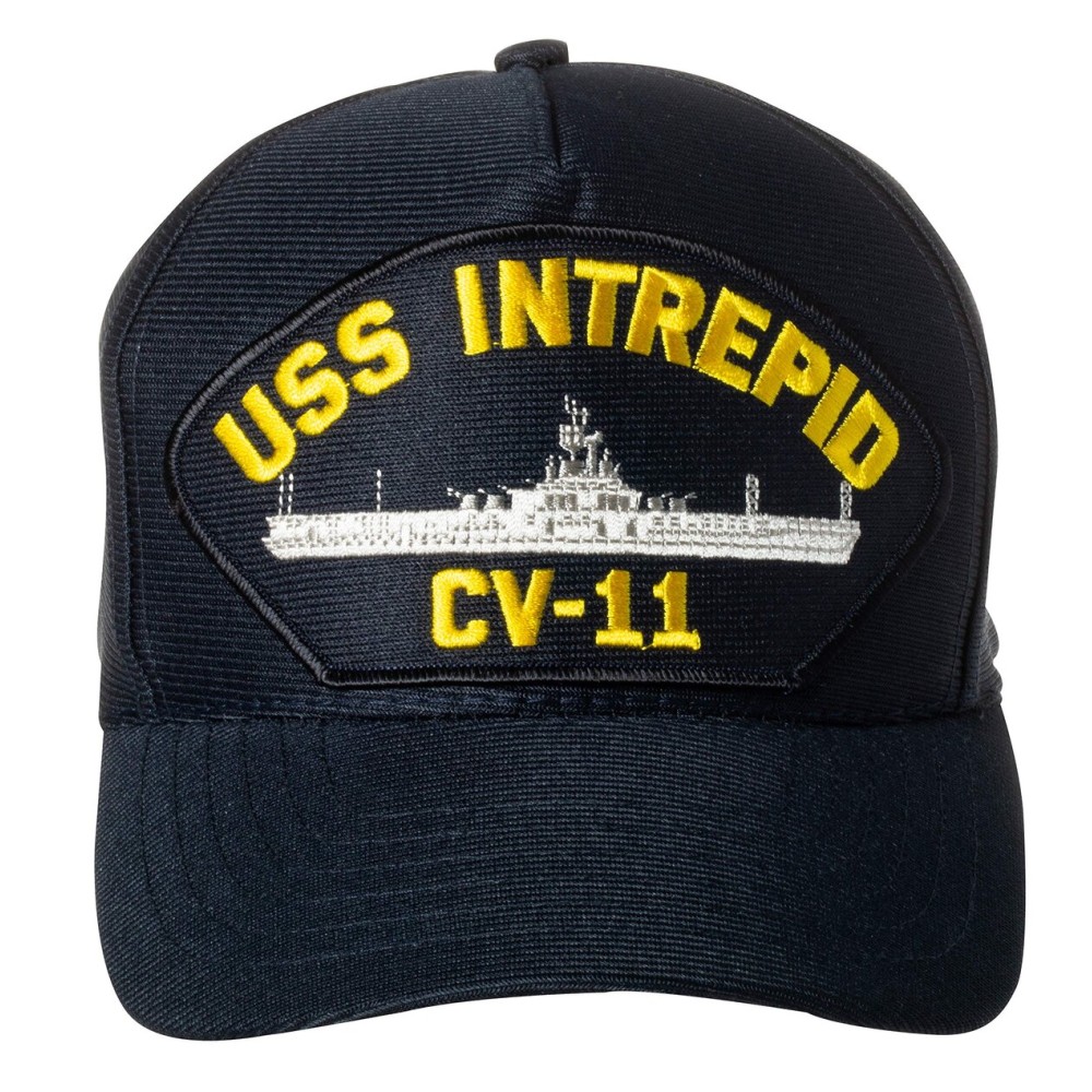 Artisan Owl United States Navy USS Intrepid CV-11 Aircraft Carrier Ship Emblem Patch Hat - Adjustable Baseball Cap (Navy Blue)