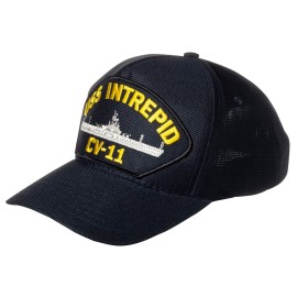 Artisan Owl United States Navy USS Intrepid CV-11 Aircraft Carrier Ship Emblem Patch Hat - Adjustable Baseball Cap (Navy Blue)