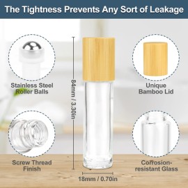 10ml(1/3oz) Roll On Bottles,10 Pack Glass Roller Bottles Essential Oil Bottles Perfume Cosmetic Sample Bottles With Stainless Steel Roller Ball&Bamboo Lids