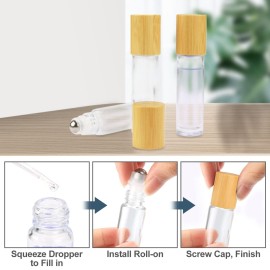 10ml(1/3oz) Roll On Bottles,10 Pack Glass Roller Bottles Essential Oil Bottles Perfume Cosmetic Sample Bottles With Stainless Steel Roller Ball&Bamboo Lids