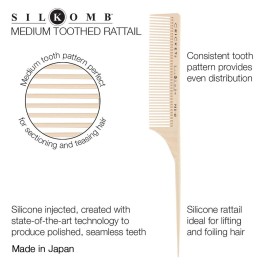 Cricket Silkomb Pro-60 Medium Tooth Rattail Comb - Japanese-Made, Silicone-Injected Design with Seamless Teeth for Precision Sectioning, Teasing, Lifting, and Professional Styling