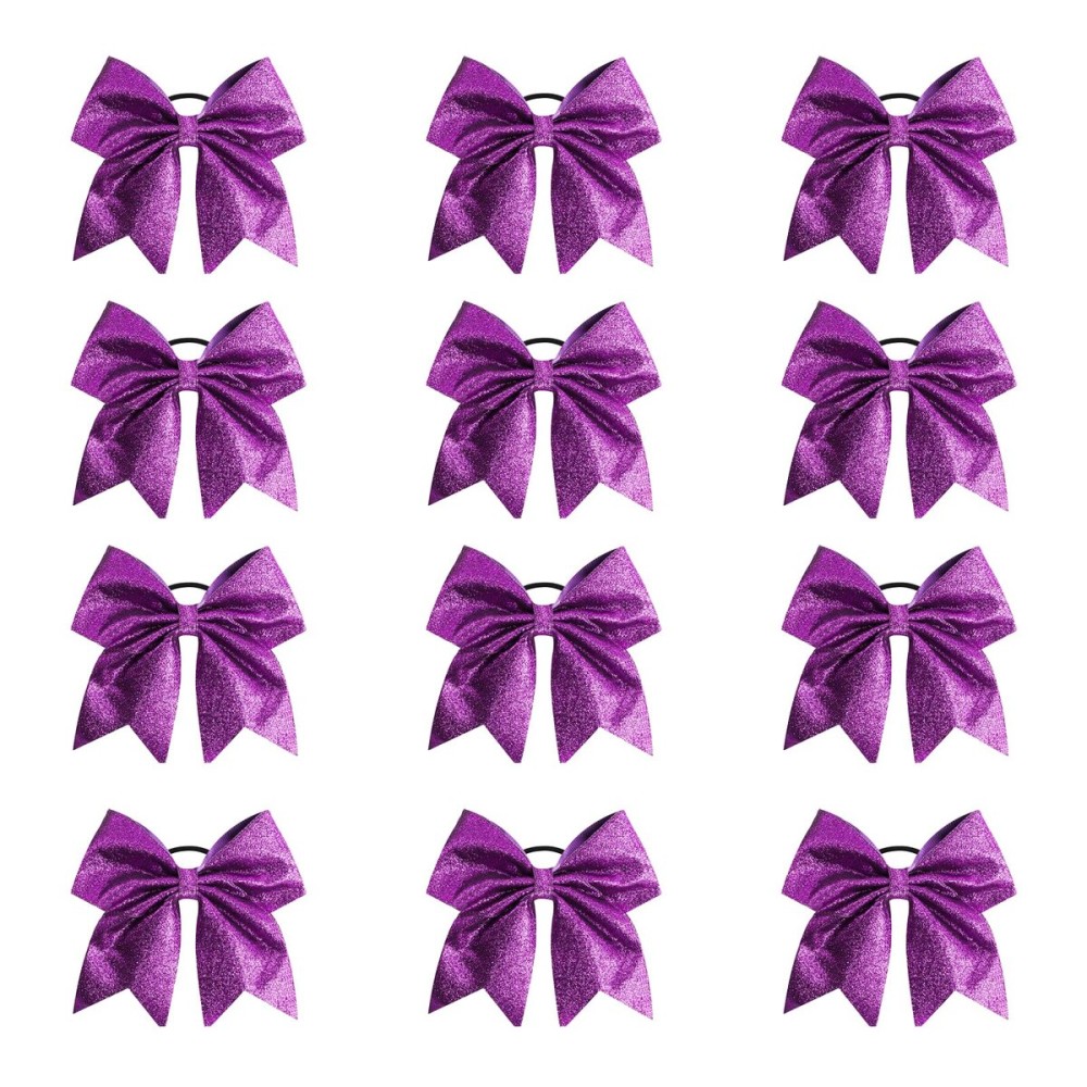 Oaoleer 12PCS 7 Large Glitter Cheer Hair Bows Ponytail Holder Elastic Band Handmade for Cheerleading Teen Girls College Sports (Glitter Purple 12PCS)
