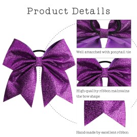 Oaoleer 12PCS 7 Large Glitter Cheer Hair Bows Ponytail Holder Elastic Band Handmade for Cheerleading Teen Girls College Sports (Glitter Purple 12PCS)