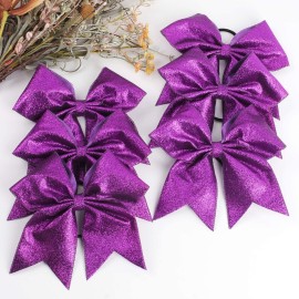 Oaoleer 12PCS 7 Large Glitter Cheer Hair Bows Ponytail Holder Elastic Band Handmade for Cheerleading Teen Girls College Sports (Glitter Purple 12PCS)