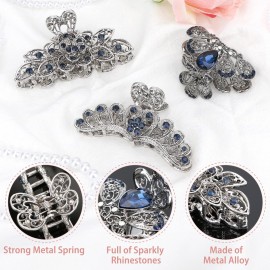 kilofly 3pc Vintage Crystal Hair Claw Clips Long Thick Hair Metal Clamps