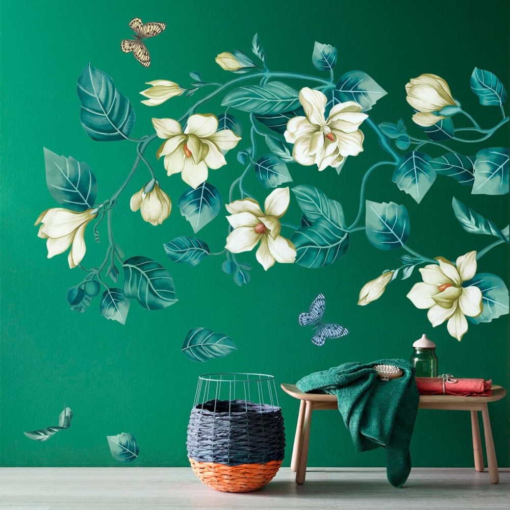 Amaonm Removable DIY 3D Blue Flower Vine White Floral Leaf Art Decor Kids Room Wall Sticker Girls Teens Bedroom Living Room Wall Decals Nursery Rooms Walls Mural Peel Stick Decor 4 Sheets of 12x18