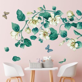 Amaonm Removable DIY 3D Blue Flower Vine White Floral Leaf Art Decor Kids Room Wall Sticker Girls Teens Bedroom Living Room Wall Decals Nursery Rooms Walls Mural Peel Stick Decor 4 Sheets of 12x18
