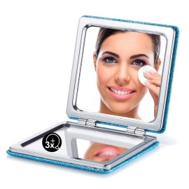 OMIRO Compact Mirror, Glitter PU 1X/3X Magnification, Ultra Portable for Purses (Blue)