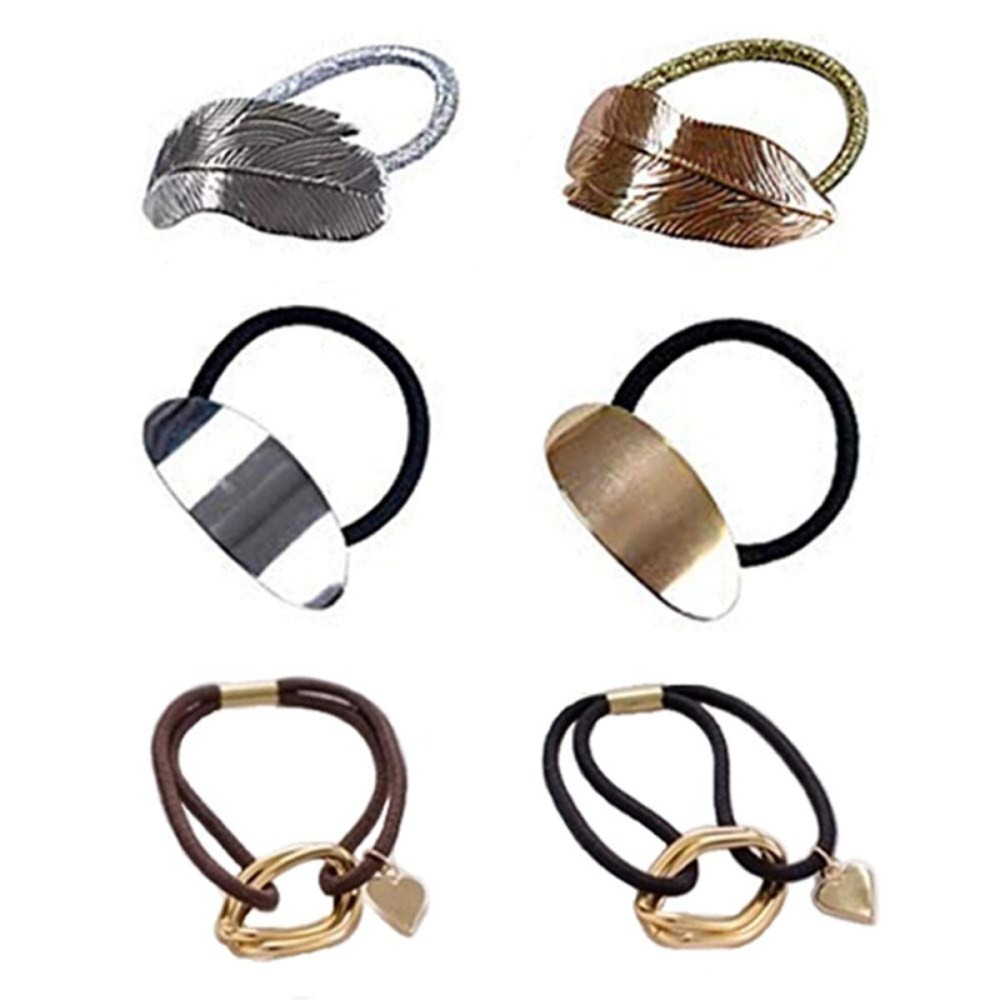 6PCS High Ponytail Holder Metal Leaf Hair Band Rope Wrap Alloy Punk Hair Cuff Elastic Hair Clips Metal Hair Ties Metallic Headwear Holder Fashion Hair Accessories For Ladies Toddler Thick Hair