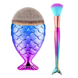 Tvoip 2PCS Fishtail Bottom Brush Powder Blush Makeup Cosmetic Mermaid Brushes Tool Fish Scale Makeup Brush mermaid brush fondation pinceles