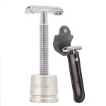 Safety Razor/shaver/shaving tool/Butterfly men\'s razor Kit, Chrome Long Handle Butterfly Open Double Edge Safety Razor Men\'s Shaver (1 Razor, 1 H3 Razor Stand and 1pc Genuine Leather Case)