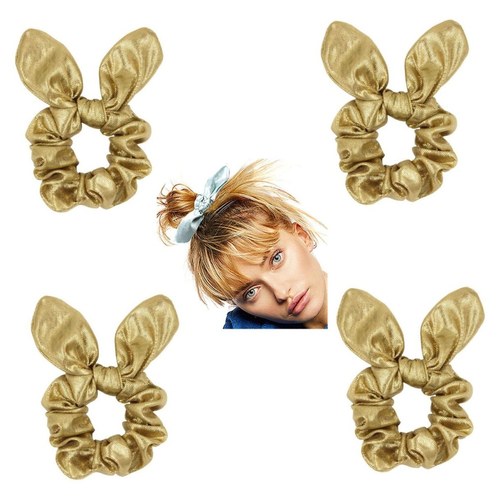 4 Pack PU Leather Bow Hair Scrunchies Bobbles Ponytail Holder Rabbit Ear Hair Ties Hair Bands for Girls Cheer,Dance Recital,Birthday Shirt,Themed Party Festivals (Gold)