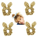 4 Pack PU Leather Bow Hair Scrunchies Bobbles Ponytail Holder Rabbit Ear Hair Ties Hair Bands for Girls Cheer,Dance Recital,Birthday Shirt,Themed Party Festivals (Gold)