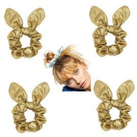 4 Pack PU Leather Bow Hair Scrunchies Bobbles Ponytail Holder Rabbit Ear Hair Ties Hair Bands for Girls Cheer,Dance Recital,Birthday Shirt,Themed Party Festivals (Gold)