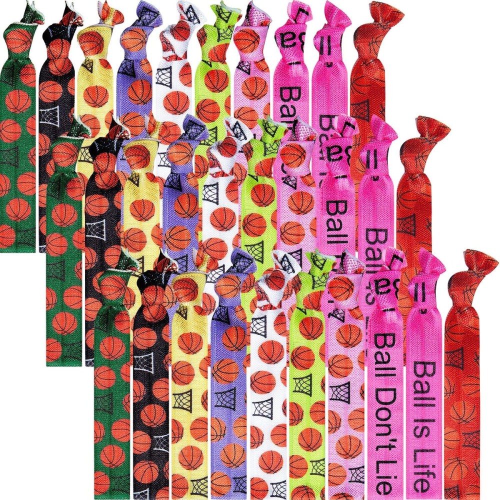 WILLBOND 30 Pcs Basketball Hair Accessories Basketball Hair Ties 10 Styles Elastic Scrunchies Sports Ponytail Holders No Crease Hairbands Ribbon Ties Team Gifts for Players Sports Party Favors