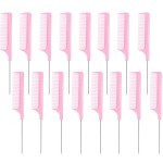 16 Pcs Rat Tail Comb Foiling Steel Pin Parting Fiber Heat Resistant Teasing Combs with Pintail for Women Girls Hair Styling(Pink)