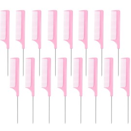 16 Pcs Rat Tail Comb Foiling Steel Pin Parting Fiber Heat Resistant Teasing Combs with Pintail for Women Girls Hair Styling(Pink)