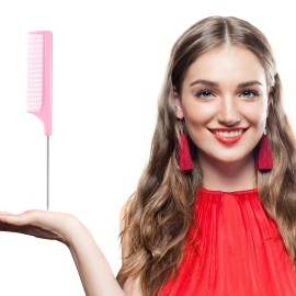 16 Pcs Rat Tail Comb Foiling Steel Pin Parting Fiber Heat Resistant Teasing Combs with Pintail for Women Girls Hair Styling(Pink)