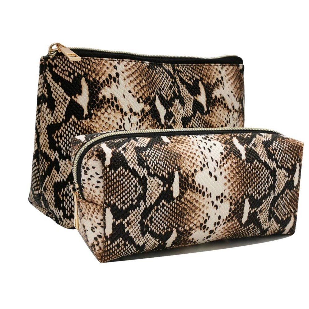 FITINI 2 Pack Makeup Bag Organizer Set Portable Large Cosmetic Pouch Travel Brush Holder PU Handbag with Gold Zipper Storage Case for Women Purse,Snake Skin