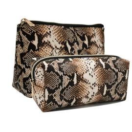 FITINI 2 Pack Makeup Bag Organizer Set Portable Large Cosmetic Pouch Travel Brush Holder PU Handbag with Gold Zipper Storage Case for Women Purse,Snake Skin