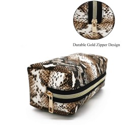 FITINI 2 Pack Makeup Bag Organizer Set Portable Large Cosmetic Pouch Travel Brush Holder PU Handbag with Gold Zipper Storage Case for Women Purse,Snake Skin