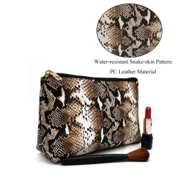 FITINI 2 Pack Makeup Bag Organizer Set Portable Large Cosmetic Pouch Travel Brush Holder PU Handbag with Gold Zipper Storage Case for Women Purse,Snake Skin