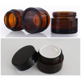 5Pcs 10ml 0.35oz Travel Size Empty Refillable Amber Glass Cosmetic Containers Round Sample Jars Pot Vial Bottle with Inner Liners and Black Lids for Face Creams Lotions and More