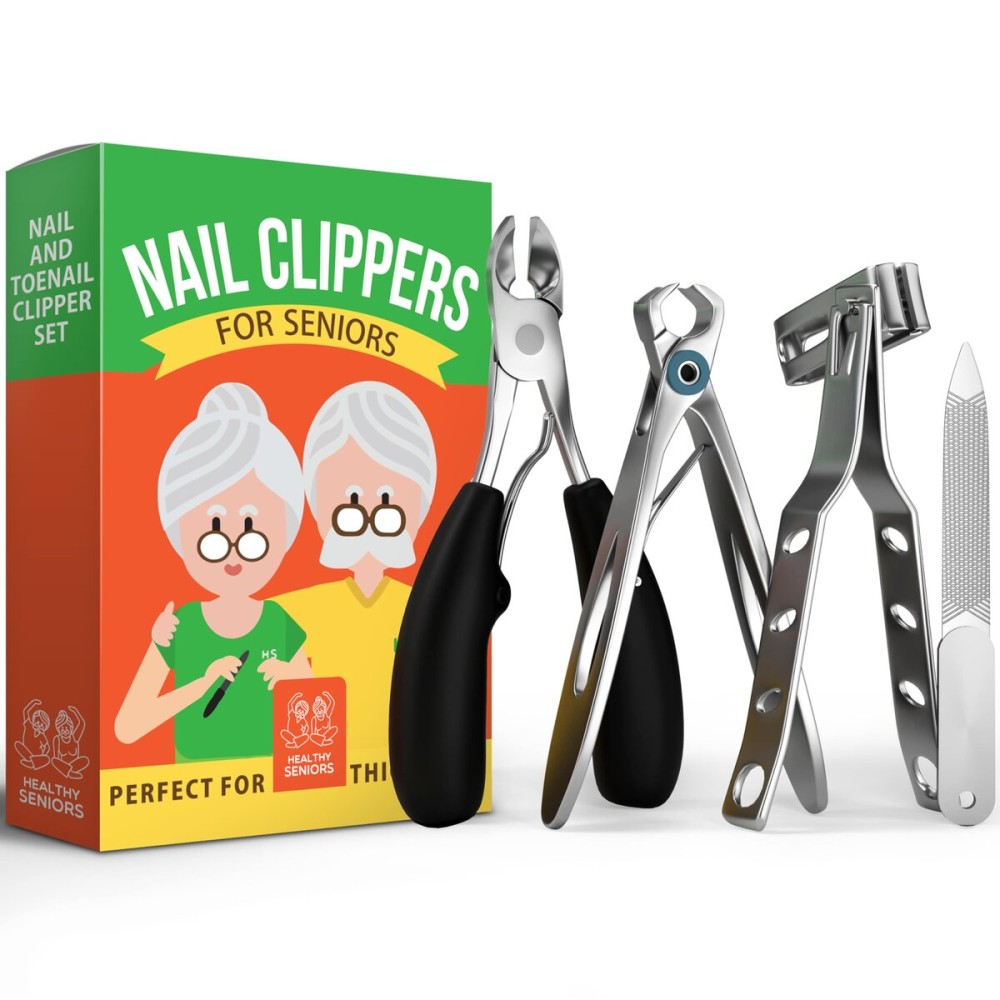 Finger & Toe Nail Clippers for Thick Nails for Seniors - 4-Piece Heavy Duty Toenail Clippers for Seniors - Professional Wide Trimmers for Diabetic People - Complete Kit with Storage Bag Finger & Toe Nail Clippers for Thick Nails for Seniors - 4-Piece Heavy Duty Toenail Clippers for Seniors - Professional Wide Trimmers for Diabetic People - Complete Kit with Storage Bag