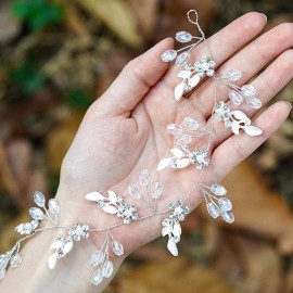 Unicra Leaf Wedding Hair Vine Flower Bridal Hair Piece Crystal Rhinestone Long Headband for Women and Girls (Silver)