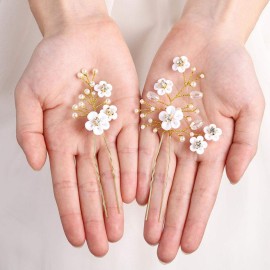 Fstrend Bridal Wedding Hair Pins White Flower Clip Gold Bride Hair Accessory for Women and Girls (Pack of 2) (Gold)