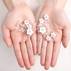Fstrend Bridal Wedding Hair Pins White Flower Clip Silver Bride Hair Accessory for Women and Girls