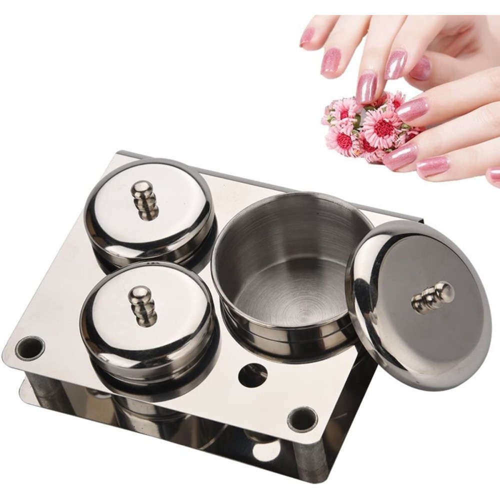 Sonew Nail Art Acrylic Powder & Liquid Storage Set, 3pcs Professional Stainless Steel Kit with Lids, Brush Holder & Powder Pigment Decoration Manicure Tool Storage