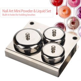Sonew Nail Art Acrylic Powder & Liquid Storage Set, 3pcs Professional Stainless Steel Kit with Lids, Brush Holder & Powder Pigment Decoration Manicure Tool Storage