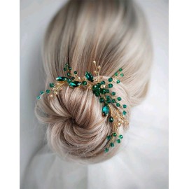 Denifery Bridal Emerald Gold Hair Piece - Emerald & Gold Hair Clip - Wedding Hair Accessory