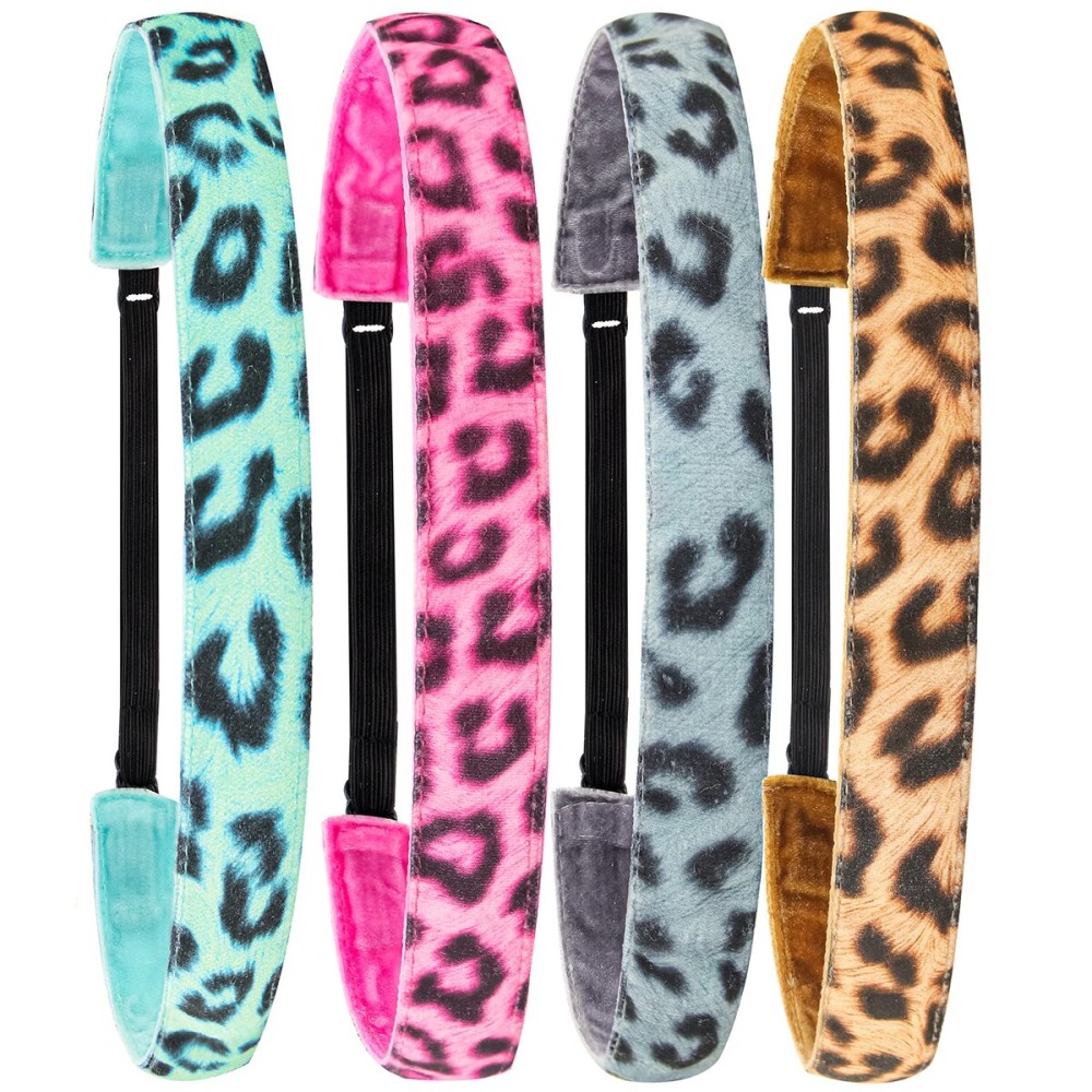 FROG SAC 4 Leopard Headbands for Girls, Adjustable Stretch Elastic Cheetah Fabric Head Band for Kids, Thin No Slip Athletic Sport Hair Accessories for Women