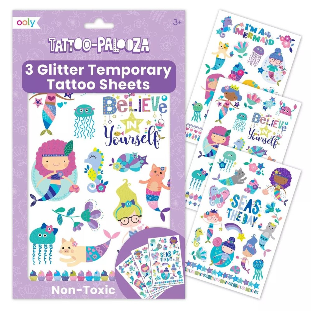 Ooly 50 Temporary Tattoos For Kids, Safe & Non-Toxic Temporary Tattoo, Party Favors Summer Crafts for Kids 4-8, Great Goodie Bag Stuffers & Fun Birthday Decorations - Mermaid Magic