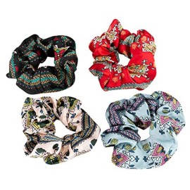 4 Pcs Boho Floral Prints Vivid Color Hair Scrunchies Big Pattern Hair Bobbles Elastics Ponytail Holders Hair Wrist Ties Bands Scrunchies for Sleep Show Dance Party Women Gift
