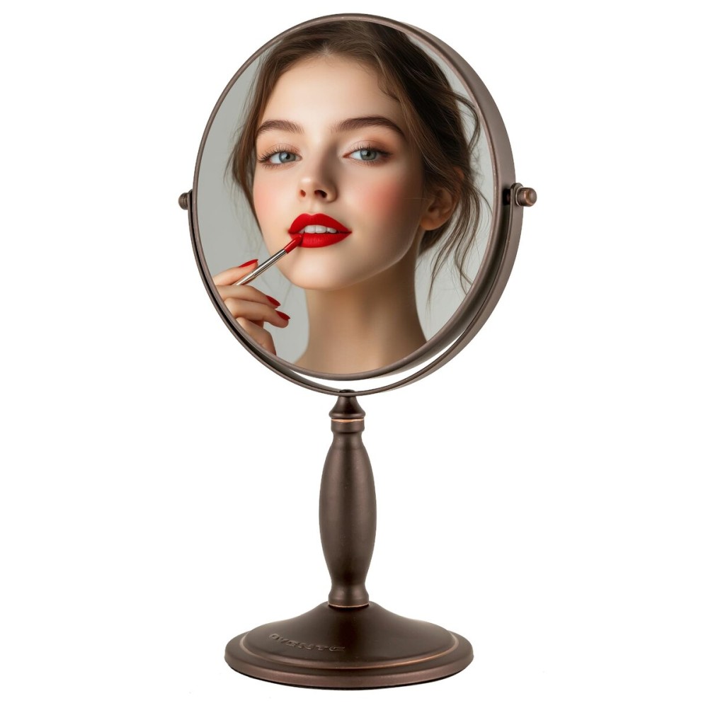 OVENTE 8\'\' Tabletop Makeup Mirror with 1X/7X Magnification, 360 Swivel Design and Double-Sided Free-Standing Vanity Mirror Perfect for Dresser, Bedroom and Office Desk, Antique Bronze MNLAT80ABZ1X7X
