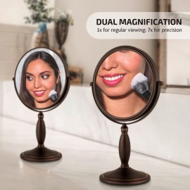 OVENTE 8\'\' Tabletop Makeup Mirror with 1X/7X Magnification, 360 Swivel Design and Double-Sided Free-Standing Vanity Mirror Perfect for Dresser, Bedroom and Office Desk, Antique Bronze MNLAT80ABZ1X7X