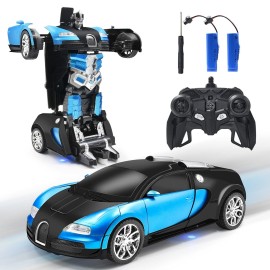Zahooy RC Car Robot Transform Model Toy,1:18 Blue Remote Control Deformed Vehicle,Racing Automobile Deformation with Realistic Engine Sounds&One-Button Transformation&360Speed Drifting for Boys Girls