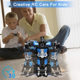 Zahooy RC Car Robot Transform Model Toy,1:18 Blue Remote Control Deformed Vehicle,Racing Automobile Deformation with Realistic Engine Sounds&One-Button Transformation&360Speed Drifting for Boys Girls