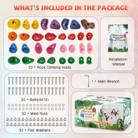 TOPNEW 32 Rock Climbing Holds Multi Size for Kids, Adult Rock Wall Holds Climbing Rock Wall Grips for Indoor and Outdoor Playground Play Set - Includes 2 Inch Mounting Hardware