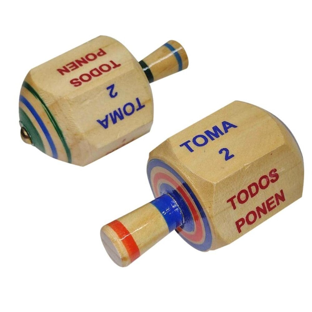 More Fiesta-Pack of 2 Pirinola Toma Todo Game - Set of 2 Hand Painted Wood 3 Inches Tall Spinning Tops Traditional Mexican Game in Spanish, for Cinco De Mayo Party (Traditional)