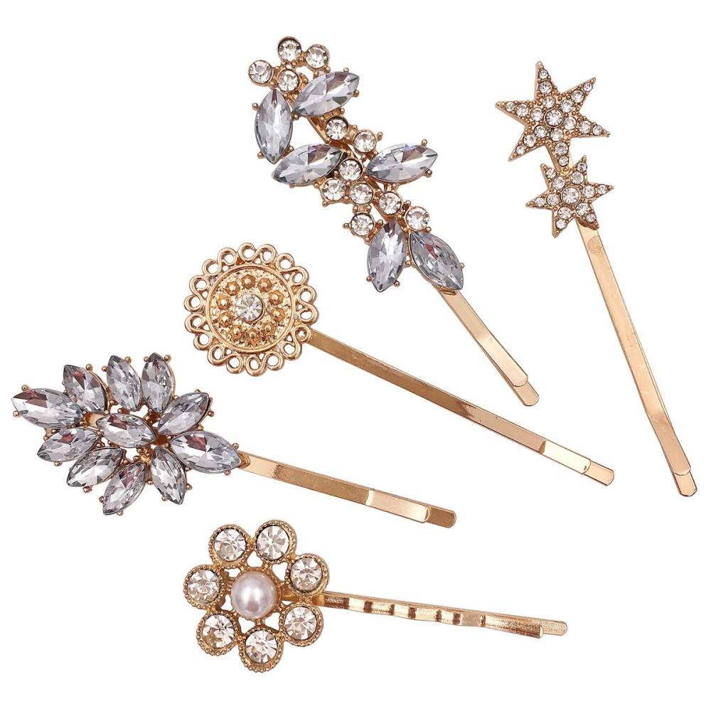 5-Pack Vintage Crystal Decorative Bobby Pins Hair Accessories Gold Tone Women 5-Pack Vintage Crystal Decorative Bobby Pins Hair Accessories Gold Tone Women