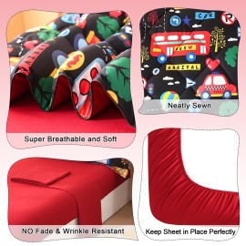 Wowelife Toddler Bedding Set 4 Piece Black Toddler Bed Set with Comforter, Flat Sheet, Fitted Sheet and Pillowcase(Black Transportation)