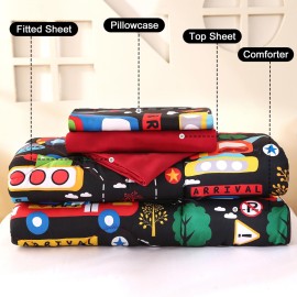 Wowelife Toddler Bedding Set 4 Piece Black Toddler Bed Set with Comforter, Flat Sheet, Fitted Sheet and Pillowcase(Black Transportation)
