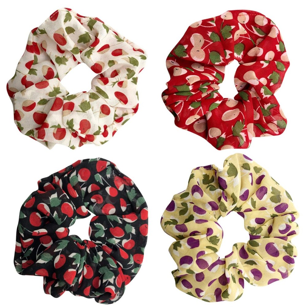 4 Pack Cherry Floral Chiffon Hair Scrunchies Print Slap Bracelet Ponytail Holder Elastic Hair Bands Wrist Fabric Scrunchy Hair Ties for Show/Sleepover Party Girls