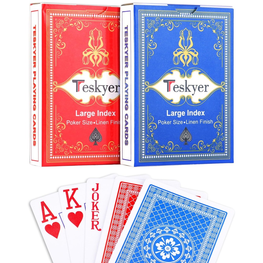 Teskyer 2 Pack Large Print Playing Cards, Poker Size Large Index Decks of Cards, Linen Finish for Seniors & Low Vision, Family Game Night Essential (Pattern A)