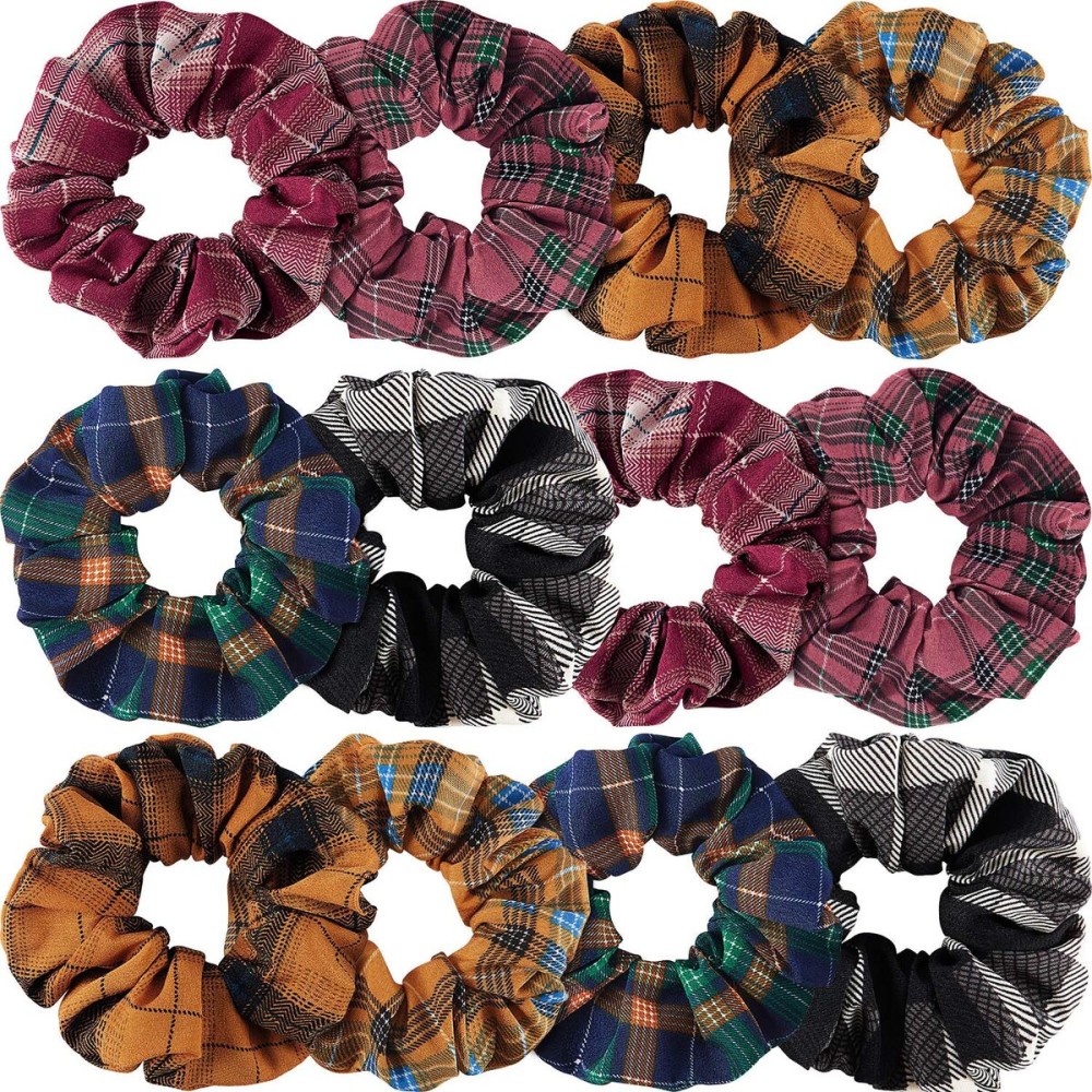 WILLBOND 12 Pcs Plaid Scrunchies for Women Girls Buffalo Plaid Hair Ties Cotton Scrunche Scrunchy Ponytail Holders Hair Accessories(Elegant)