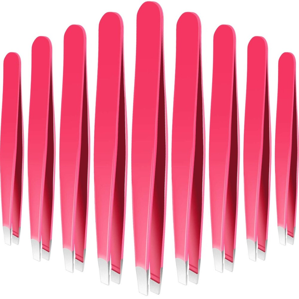 Mudder 12 Pcs Eyebrow Tweezers Set for Facial Hair Stainless Steel Slant Tip Tweezers in Bulk for Men and Women(Rose Red)